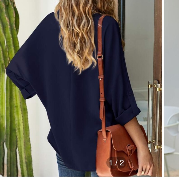 SHEIN V-Neck Roll Up Sleeve Dip Hem Blouse - Picture 3 of 6